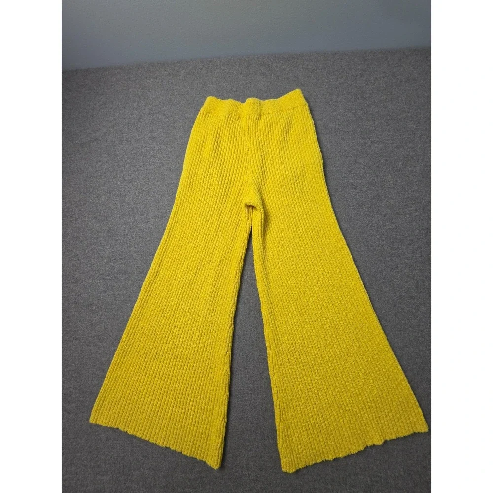 Free People FP Beach Knit Pants Women XS Yellow Flared Leg Elastic Waist Pull On